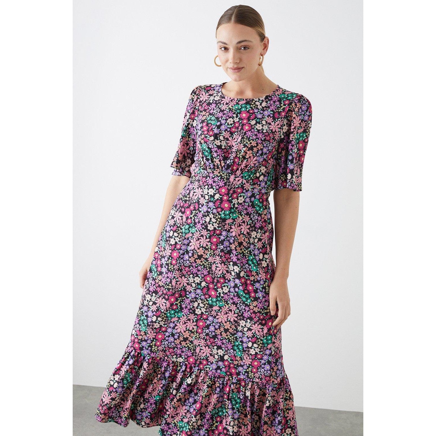 Black - Side - Dorothy Perkins Womens-Ladies Ditsy Print Tall Flutter Midi Dress