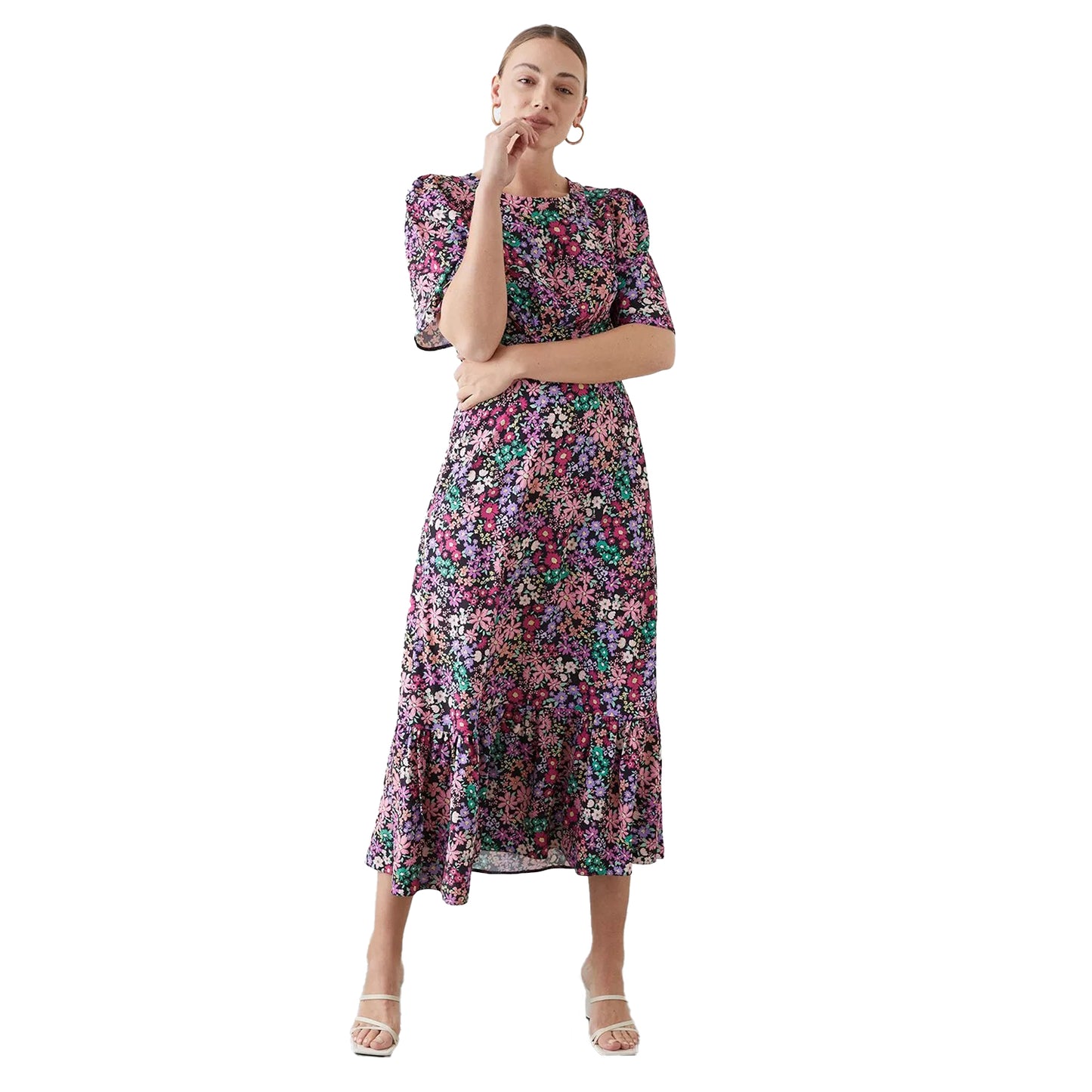 Black - Front - Dorothy Perkins Womens-Ladies Ditsy Print Tall Flutter Midi Dress