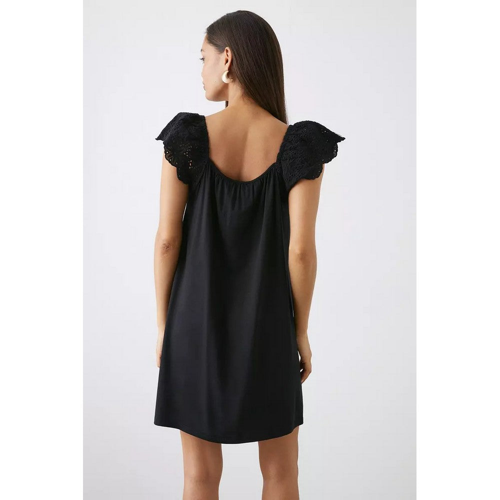 Black - Back - Dorothy Perkins Womens-Ladies Petite Broderie Sleeve Mini Dress