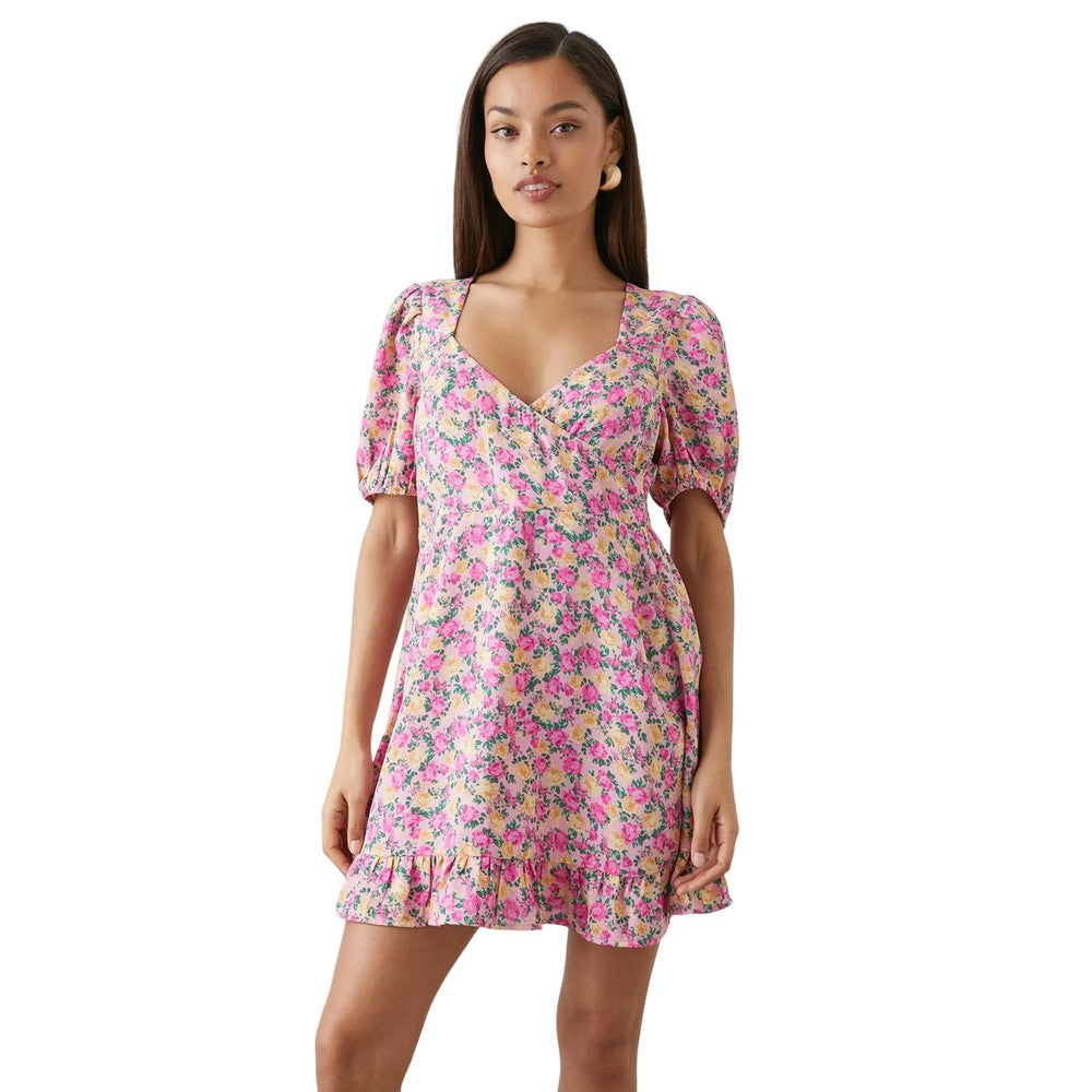 Pink - Front - Dorothy Perkins Womens-Ladies Rose Ruffle Hem Petite Wrap Mini Dress