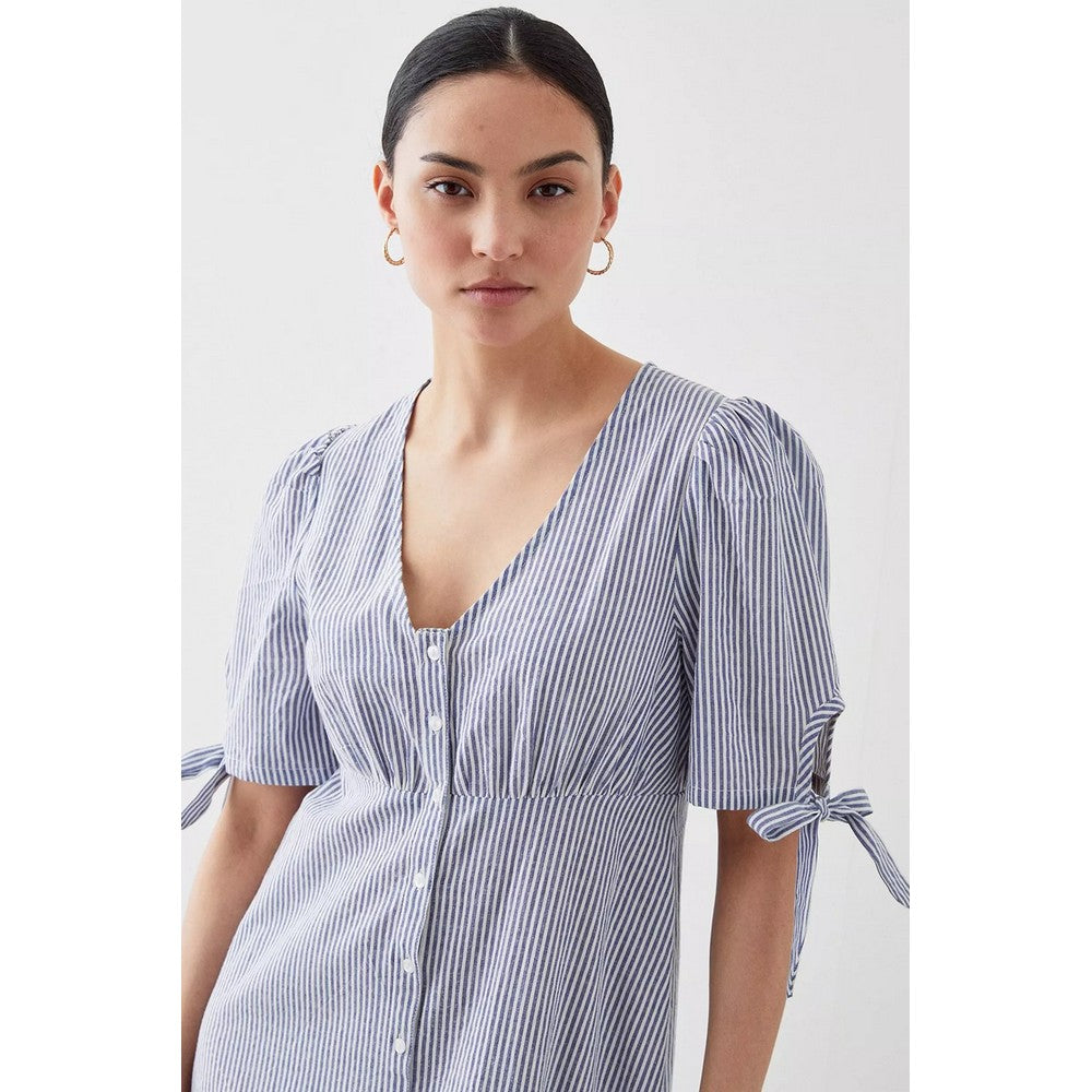 Blue - Side - Dorothy Perkins Womens-Ladies Striped Petite Tie Sleeves Midi Dress