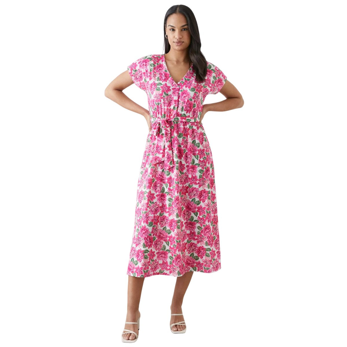 Pink - Front - Dorothy Perkins Womens-Ladies Floral Belt Midi Dress