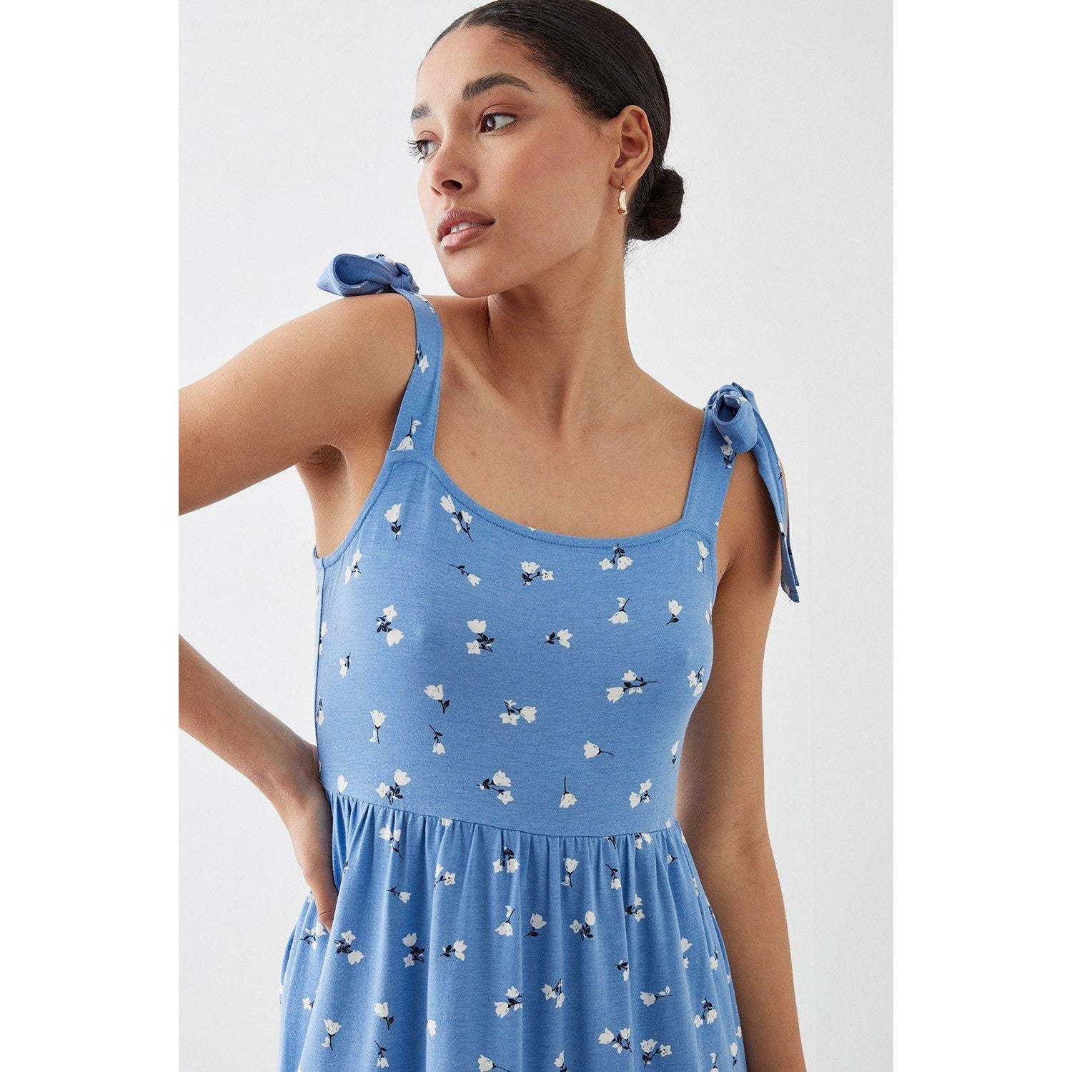 Blue - Side - Dorothy Perkins Womens-Ladies Ditsy Print Tie Sleeves Midi Dress
