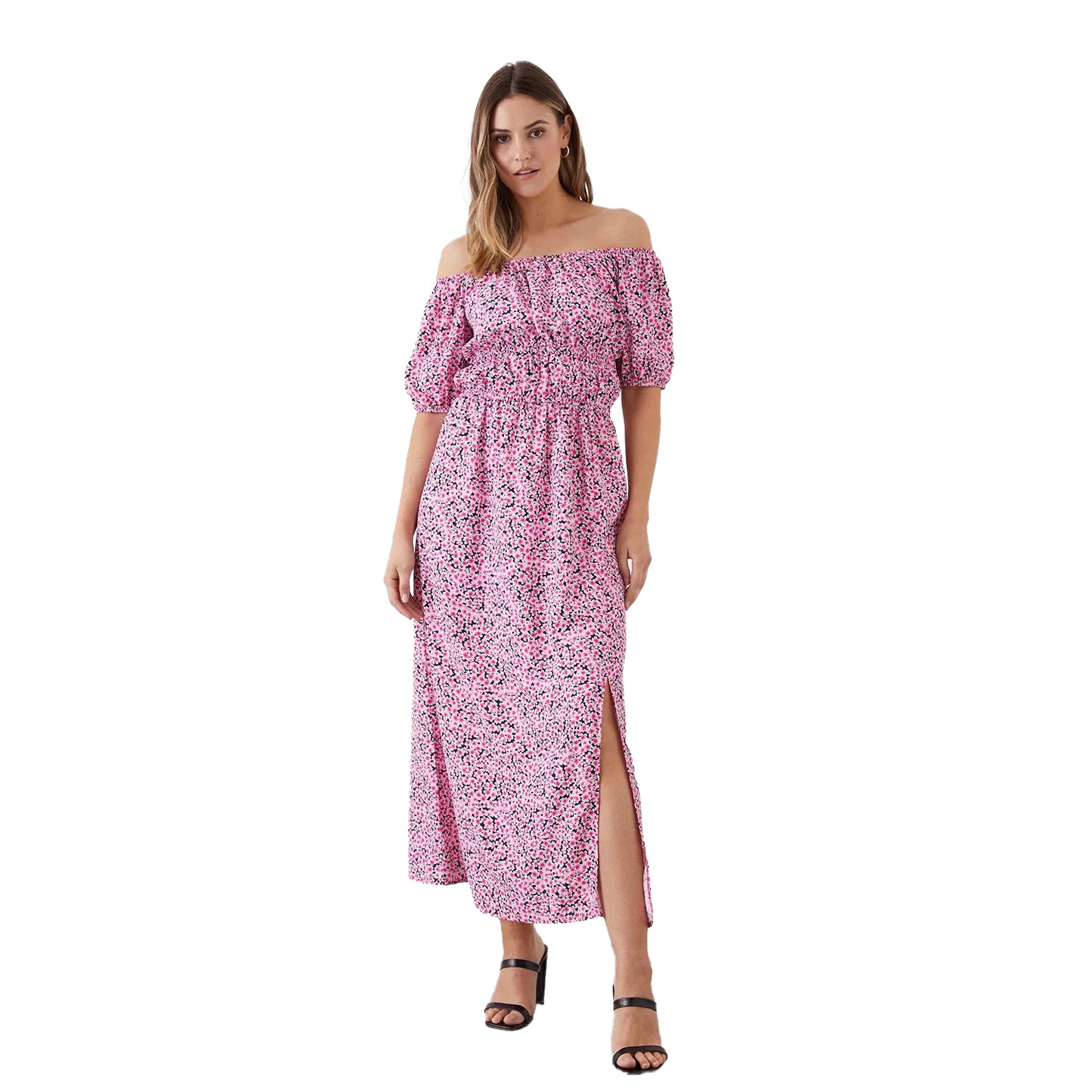 Pink - Front - Dorothy Perkins Womens-Ladies Ditsy Print Bardot Tall Midi Dress