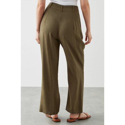 Khaki - Back - Dorothy Perkins Womens-Ladies Linen Blend Petite Wide Leg Trousers