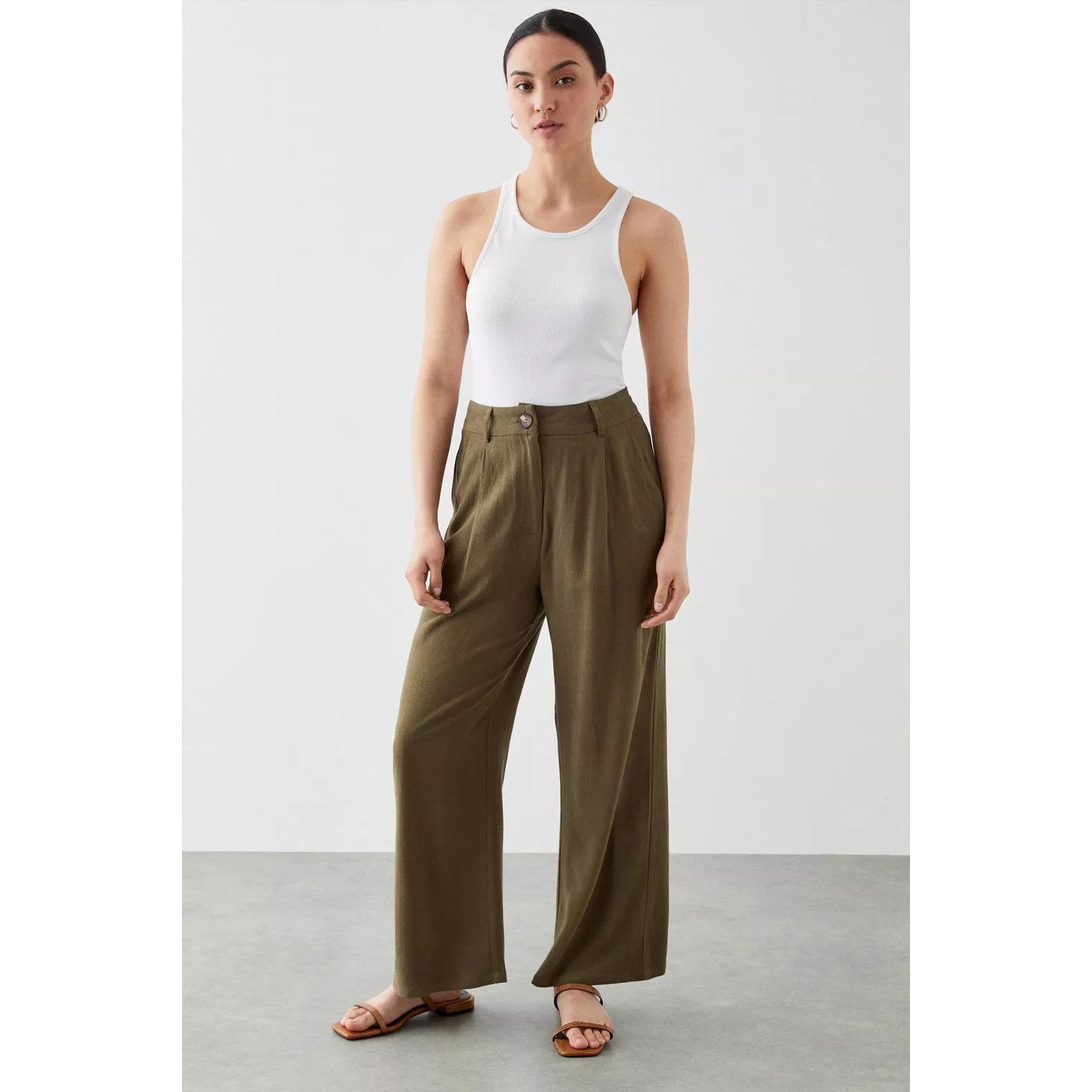 Khaki - Side - Dorothy Perkins Womens-Ladies Linen Blend Petite Wide Leg Trousers