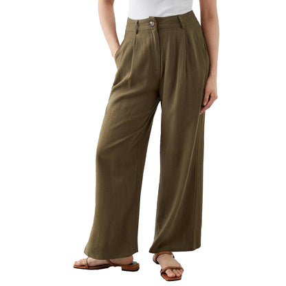 Khaki - Front - Dorothy Perkins Womens-Ladies Linen Blend Petite Wide Leg Trousers