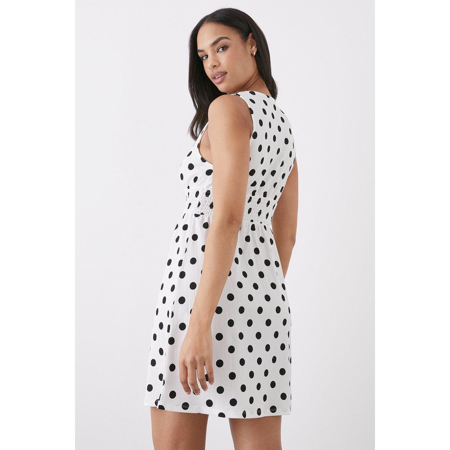 Ivory - Back - Dorothy Perkins Womens-Ladies Spotted Shirred Waist Mini Dress