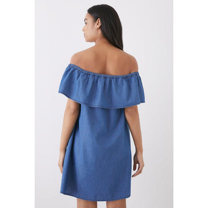 Mid Wash - Back - Dorothy Perkins Womens-Ladies Denim Bardot Frill Mini Dress