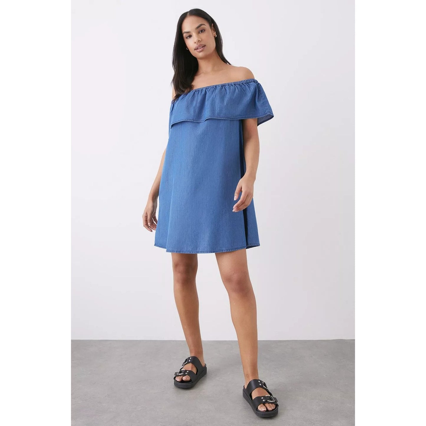 Mid Wash - Side - Dorothy Perkins Womens-Ladies Denim Bardot Frill Mini Dress