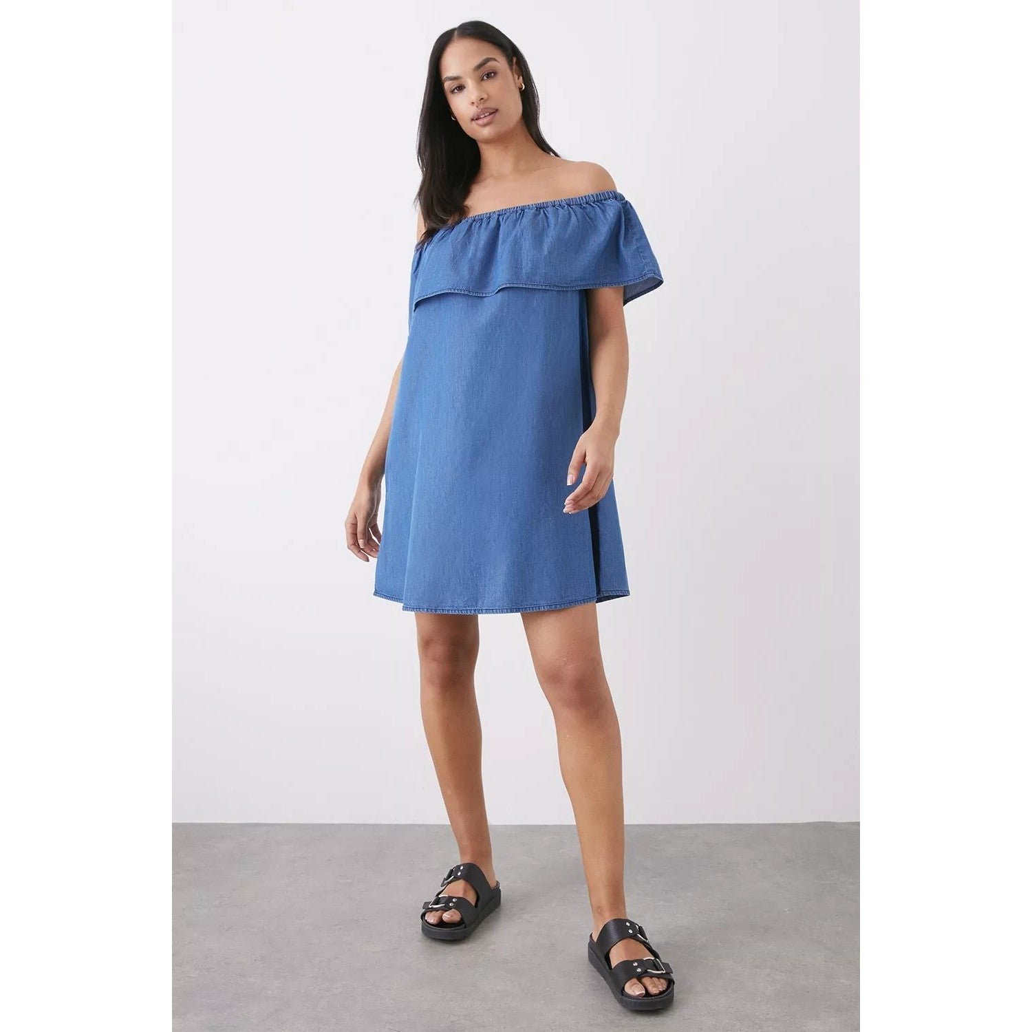 Mid Wash - Side - Dorothy Perkins Womens-Ladies Denim Bardot Frill Mini Dress