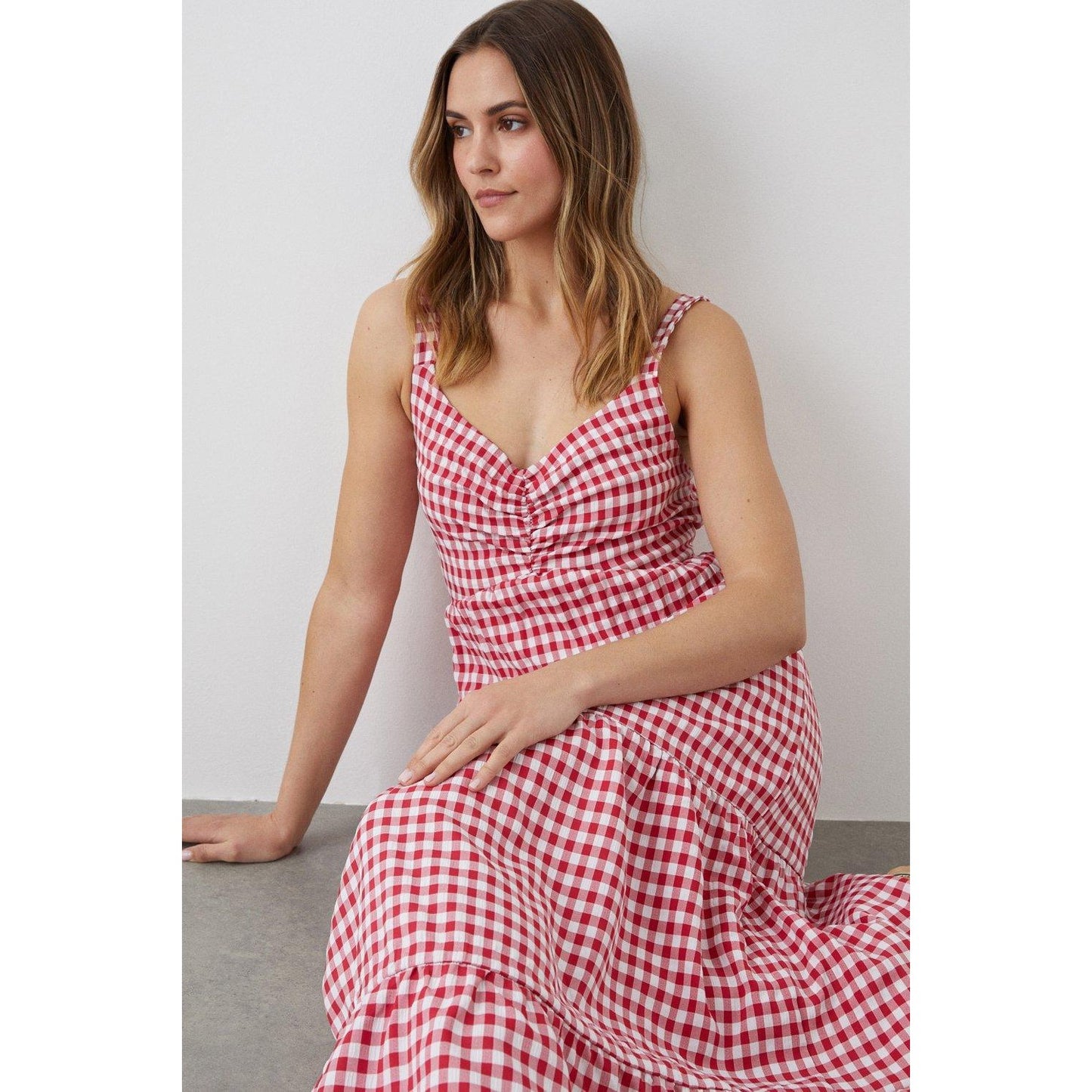 Red - Lifestyle - Dorothy Perkins Womens-Ladies Strappy Gingham Tiered Midi Dress