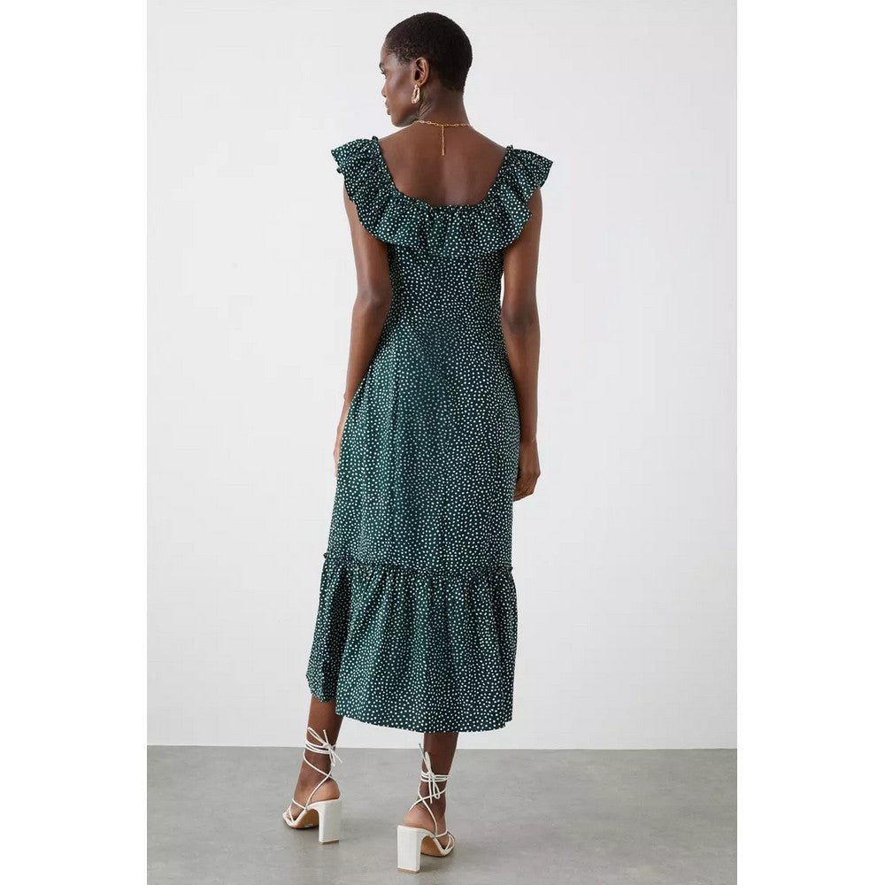 Green - Back - Dorothy Perkins Womens-Ladies Spotted Frill Detail Midi Dress