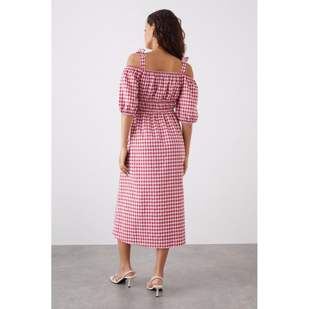 Red - Back - Dorothy Perkins Womens-Ladies Gingham Tie Shoulder Petite Midi Dress