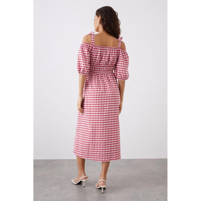 Red - Back - Dorothy Perkins Womens-Ladies Gingham Tie Shoulder Petite Midi Dress