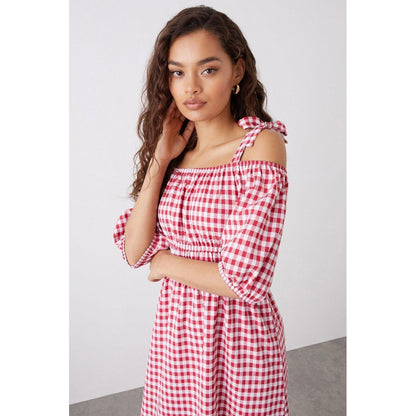 Red - Side - Dorothy Perkins Womens-Ladies Gingham Tie Shoulder Petite Midi Dress