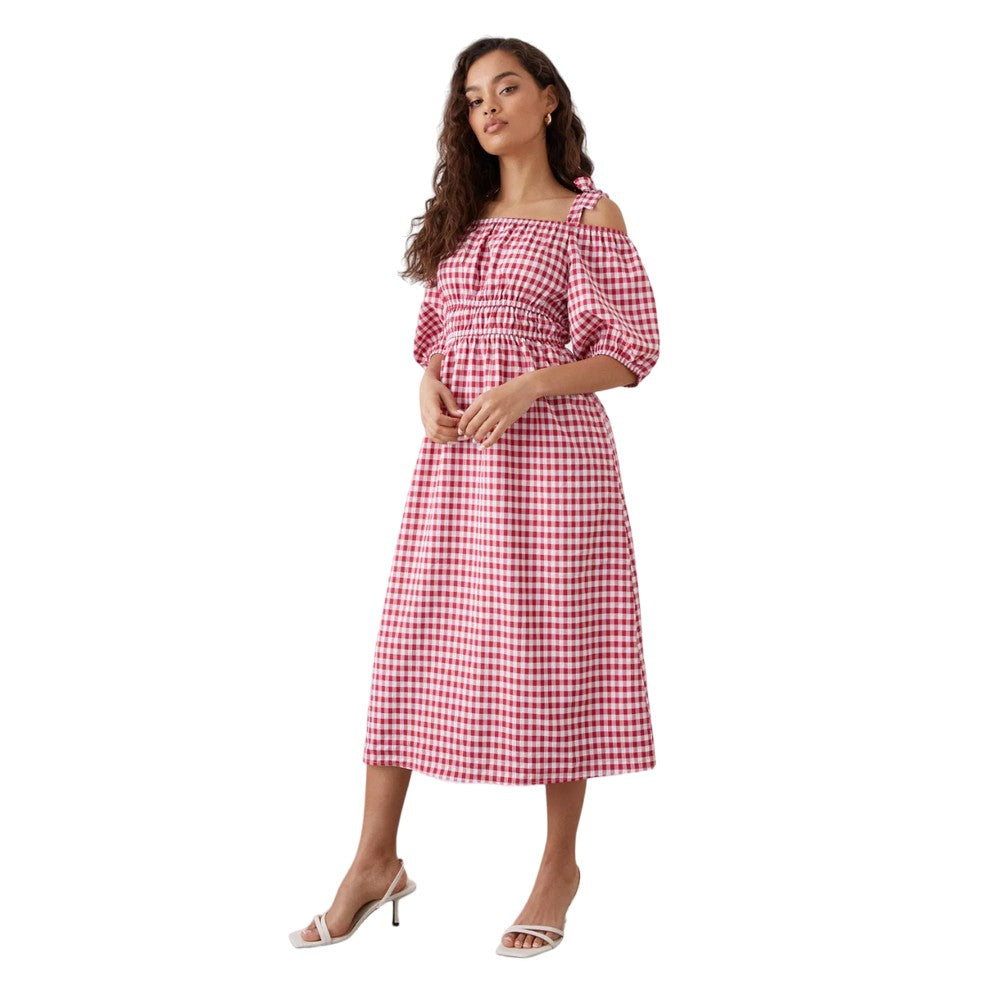 Red - Front - Dorothy Perkins Womens-Ladies Gingham Tie Shoulder Petite Midi Dress