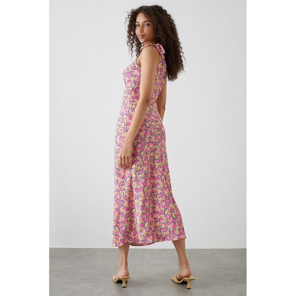 Pink - Back - Dorothy Perkins Womens-Ladies Floral Tie Shoulder Tall Midi Dress