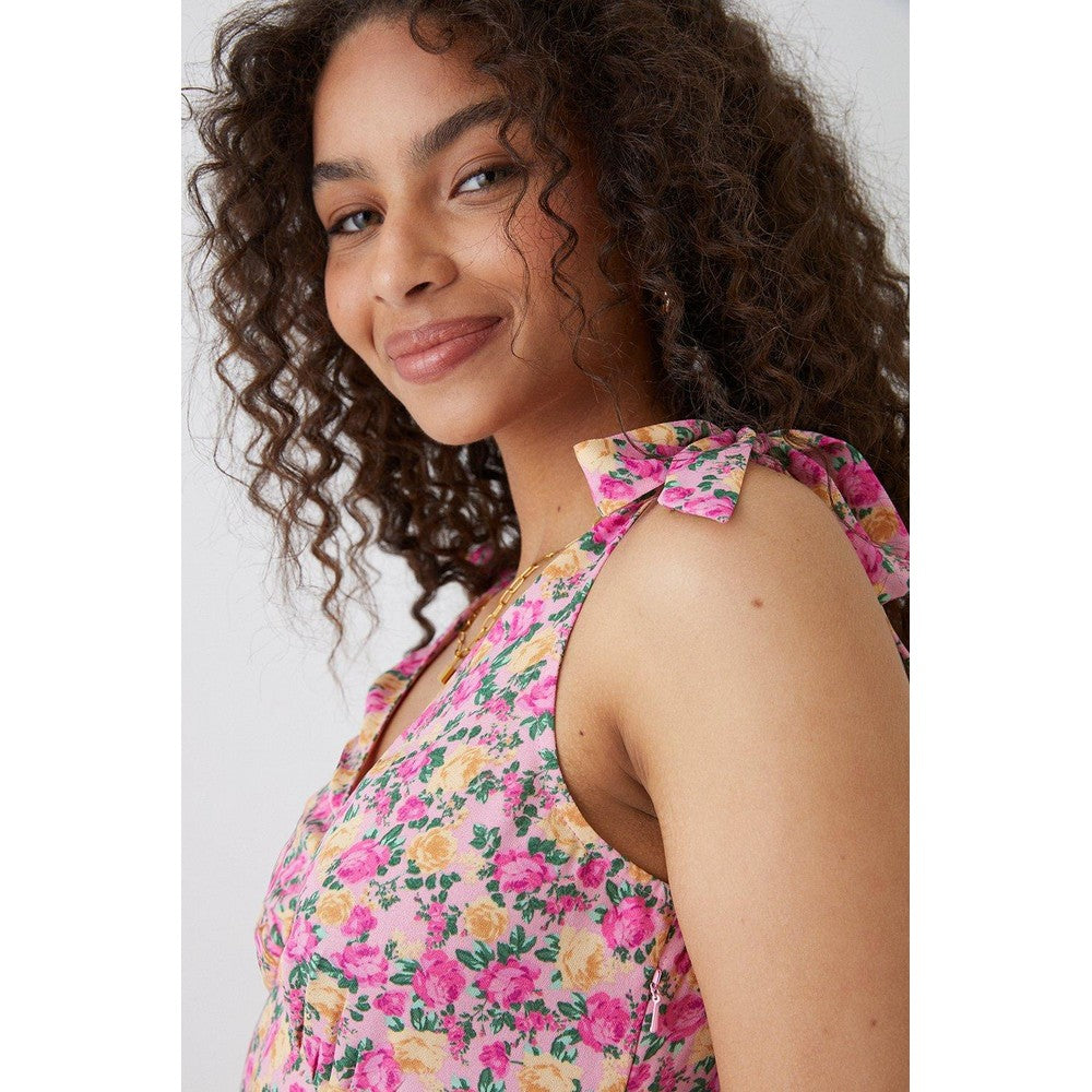 Pink - Side - Dorothy Perkins Womens-Ladies Floral Tie Shoulder Tall Midi Dress