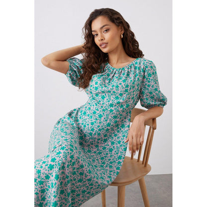 Green - Side - Dorothy Perkins Womens-Ladies Ditsy Print Petite Puffed Midi Dress