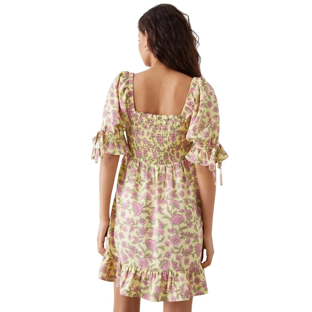 Yellow - Back - Dorothy Perkins Womens-Ladies Floral Shirred Petite Bodice Mini Dress