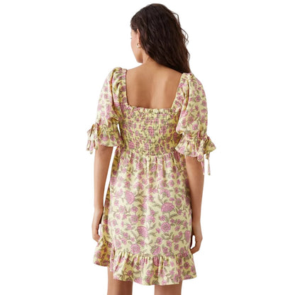 Yellow - Back - Dorothy Perkins Womens-Ladies Floral Shirred Petite Bodice Mini Dress