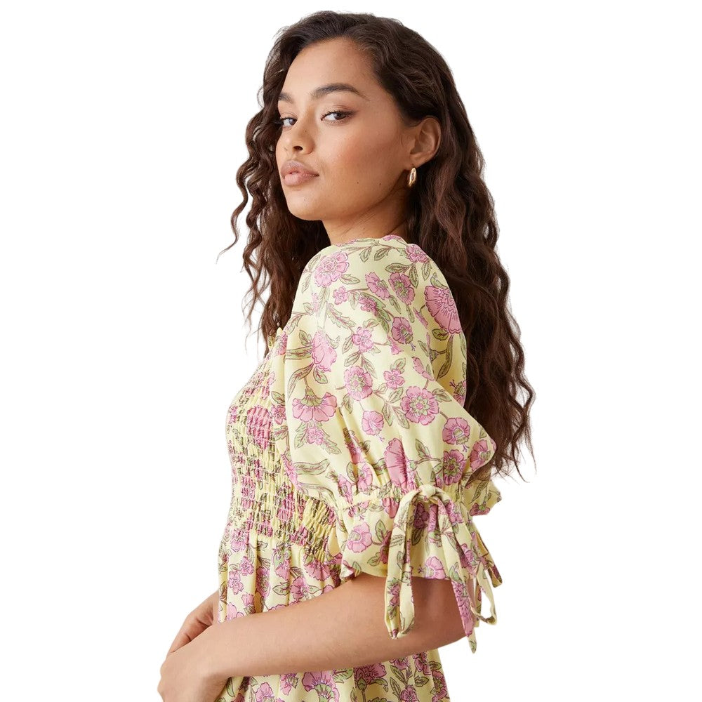 Yellow - Side - Dorothy Perkins Womens-Ladies Floral Shirred Petite Bodice Mini Dress