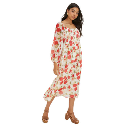 Red - Front - Dorothy Perkins Womens-Ladies Floral Chiffon Shirred Midi Dress