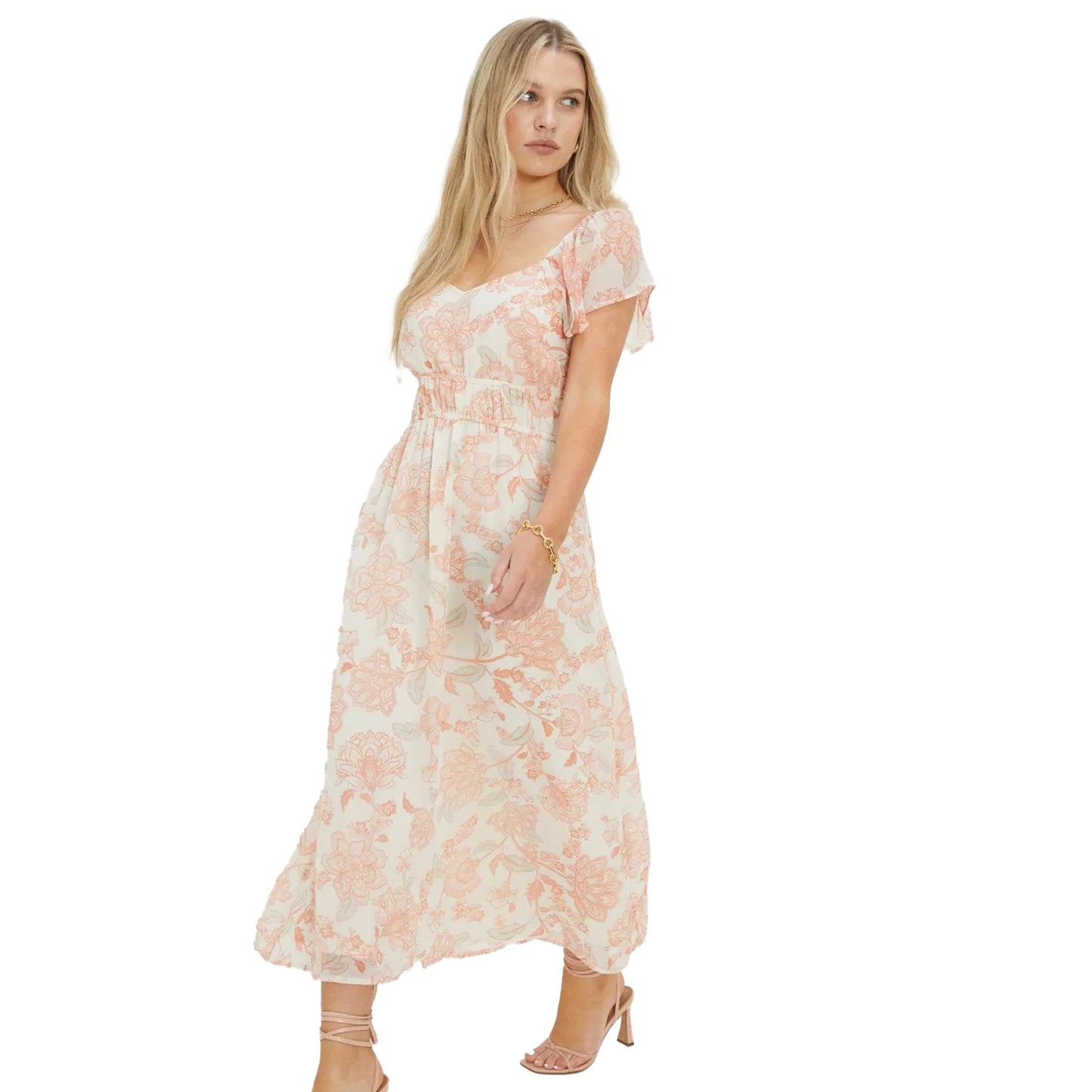 Ivory - Side - Dorothy Perkins Womens-Ladies Floral Chiffon Petite Flutter Midi Dress