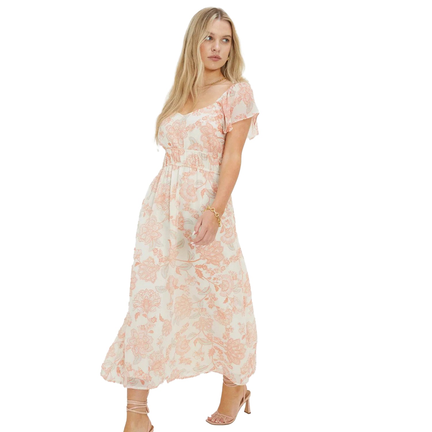 Ivory - Side - Dorothy Perkins Womens-Ladies Floral Chiffon Petite Flutter Midi Dress