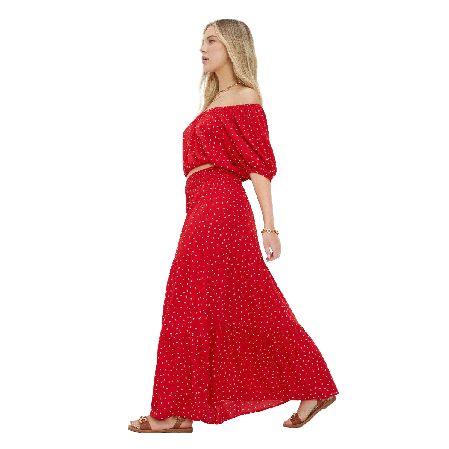 Red - Side - Dorothy Perkins Womens-Ladies Spotted Tiered Petite Maxi Skirt