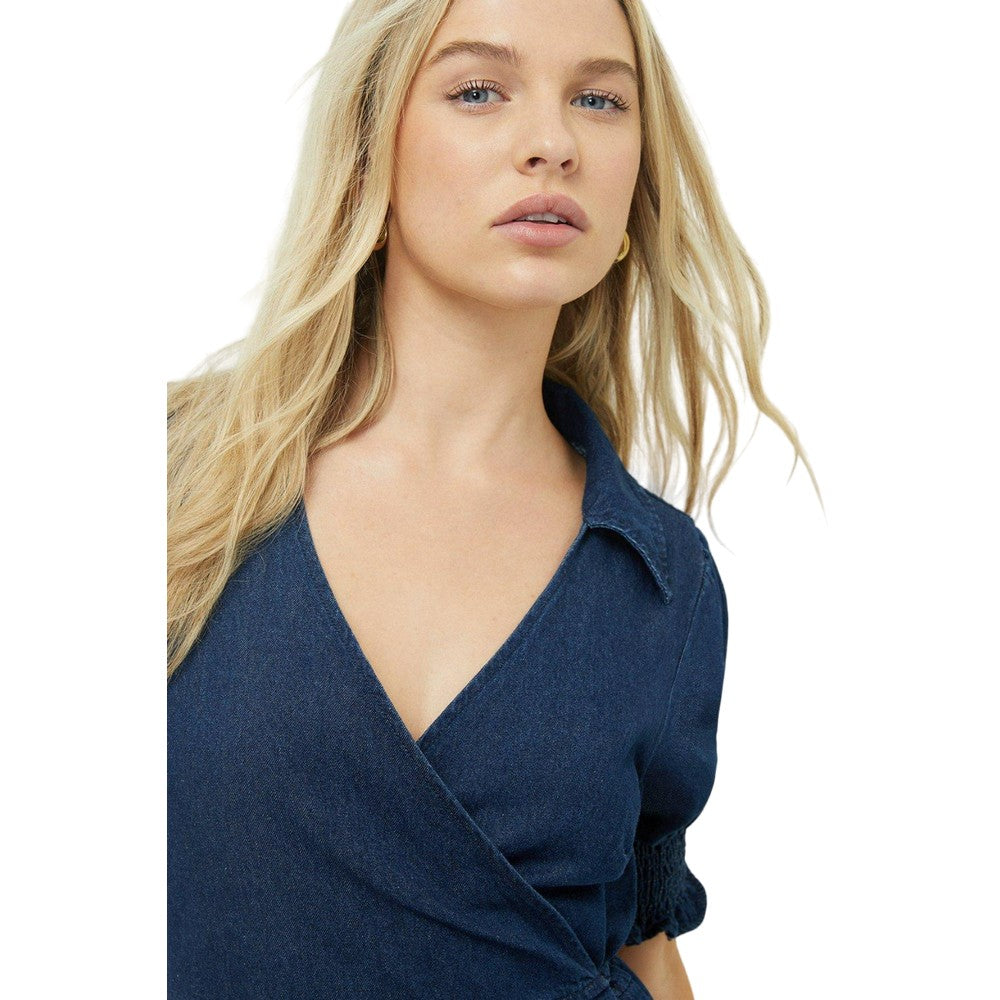 Indigo - Side - Dorothy Perkins Womens-Ladies Denim Wrap Petite Short-Sleeved Mini Dress