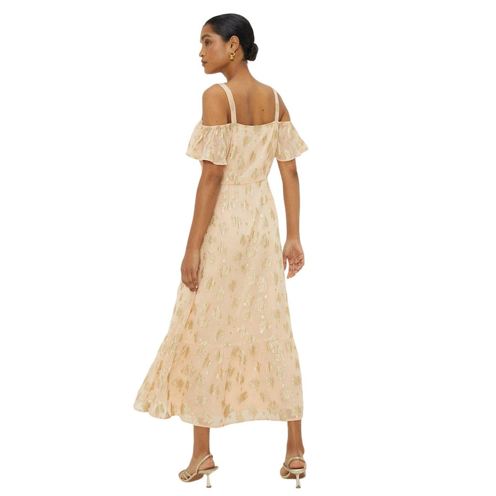 Peach - Back - Dorothy Perkins Womens-Ladies Metallic Cold Shoulder Midi Dress