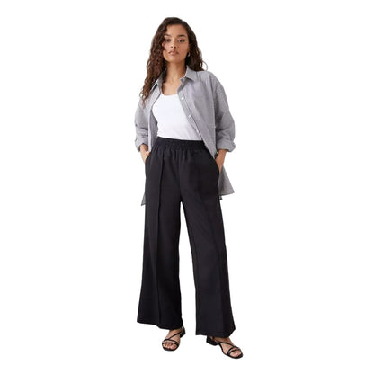 Black - Side - Dorothy Perkins Womens-Ladies Elasticated Waist Petite Wide Leg Trousers
