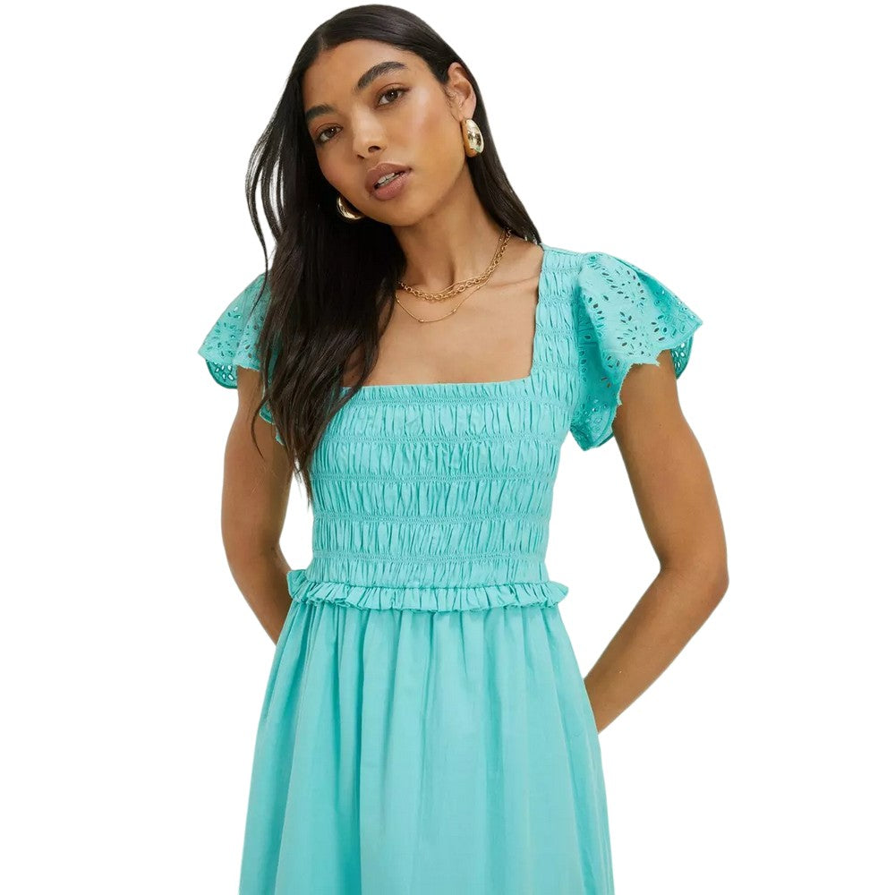 Turquoise - Side - Dorothy Perkins Womens-Ladies Shirred Broderie Sleeve Midi Dress