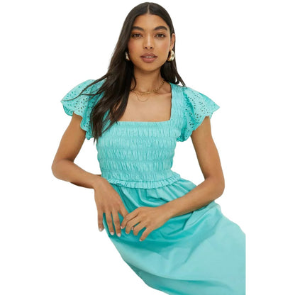 Turquoise - Lifestyle - Dorothy Perkins Womens-Ladies Shirred Broderie Sleeve Midi Dress