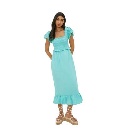 Turquoise - Front - Dorothy Perkins Womens-Ladies Shirred Broderie Sleeve Midi Dress