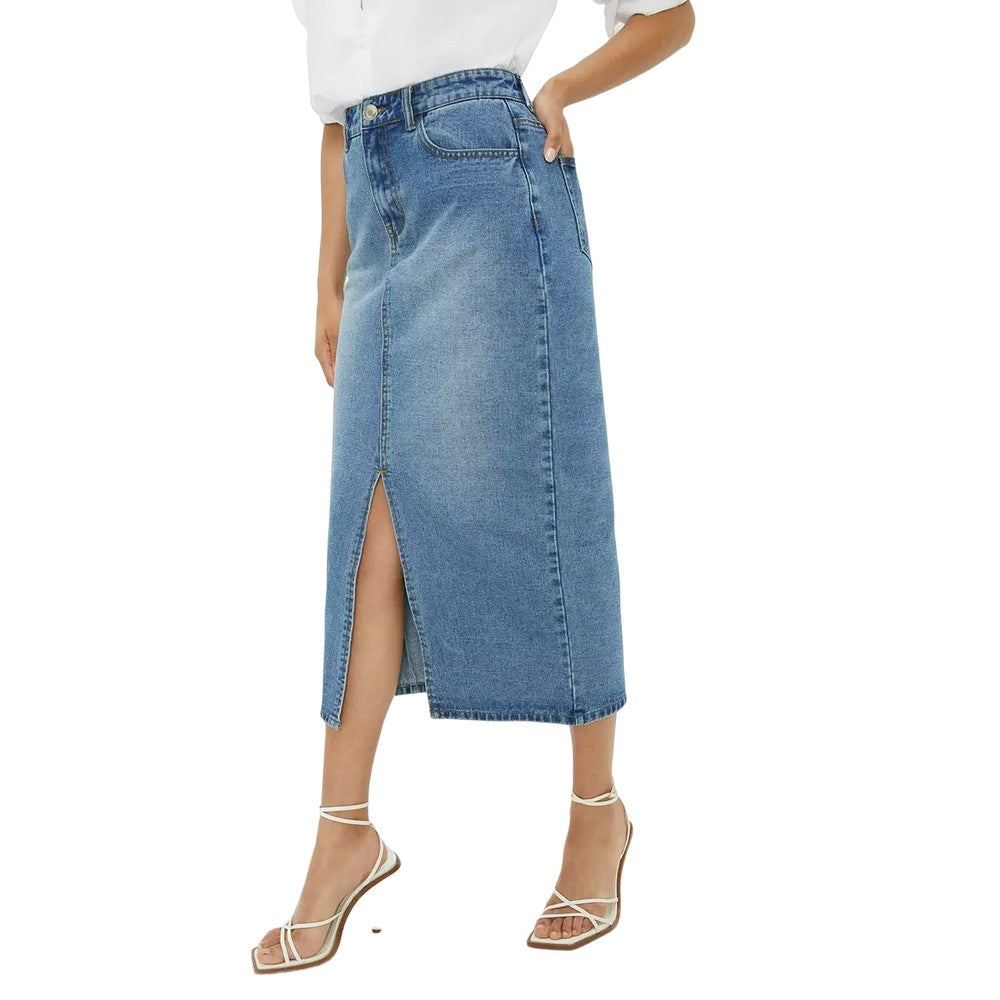 Mid Wash - Front - Dorothy Perkins Womens-Ladies Denim Midaxi Skirt