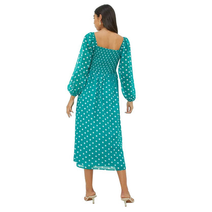 Green - Back - Dorothy Perkins Womens-Ladies Spotted Chiffon Shirred Midi Dress