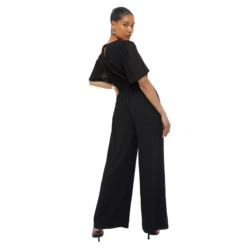 Black - Back - Dorothy Perkins Womens-Ladies Dobby Spotted Chiffon Shirred Waist Jumpsuit