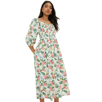 Multicoloured - Front - Dorothy Perkins Womens-Ladies Floral Shirred Bodice Midi Dress