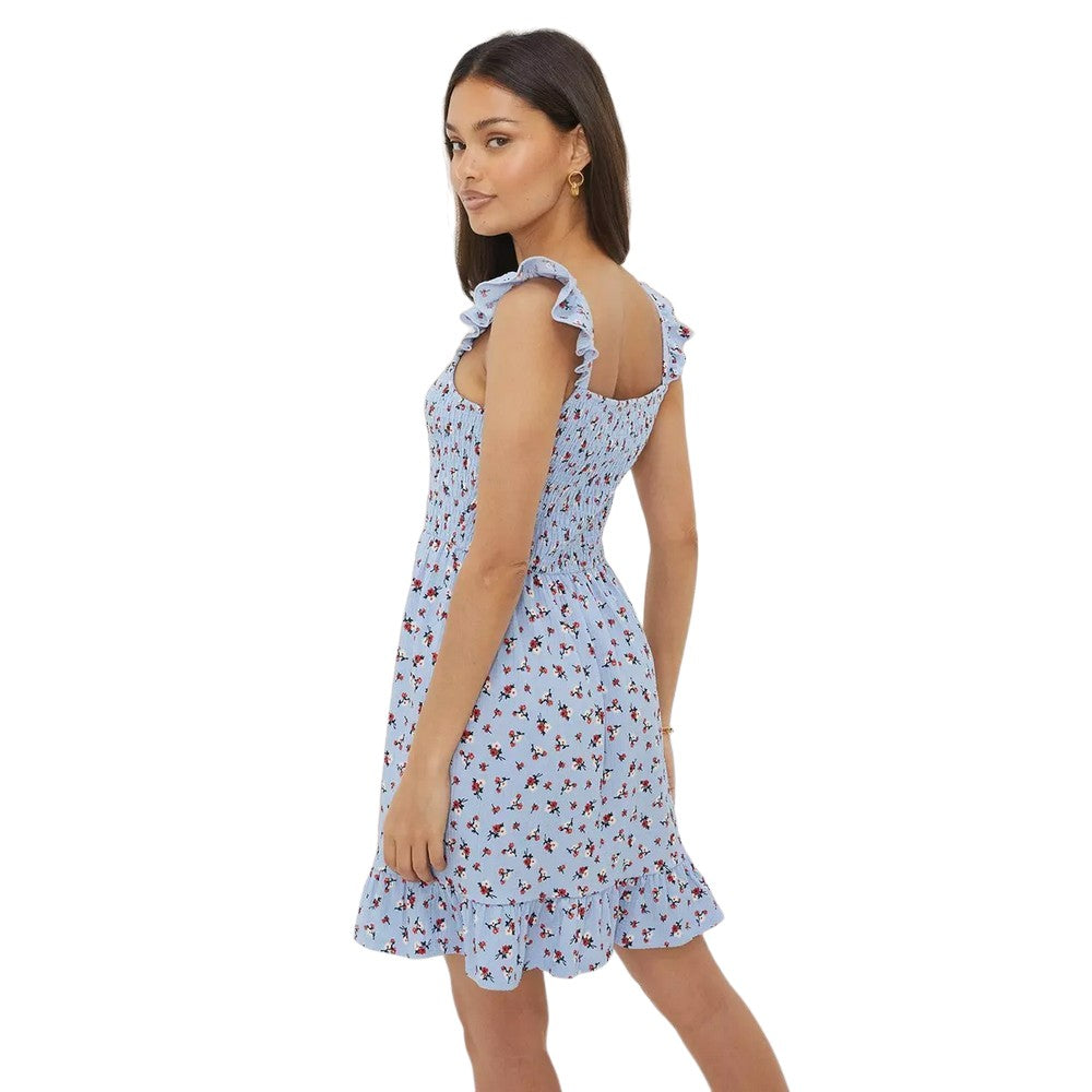 Purple - Back - Dorothy Perkins Womens-Ladies Ditsy Print Shirred Petite Mini Dress
