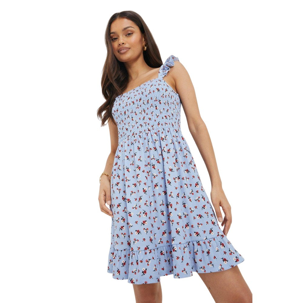 Purple - Front - Dorothy Perkins Womens-Ladies Ditsy Print Shirred Petite Mini Dress