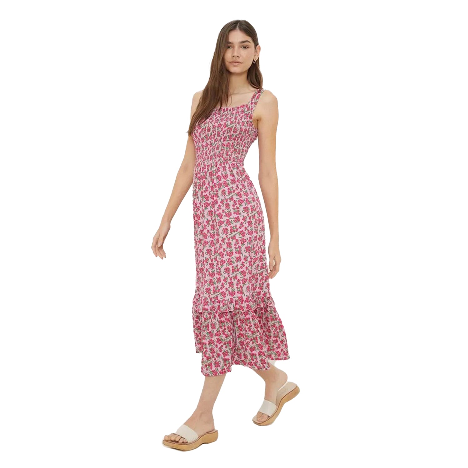 Pink - Front - Dorothy Perkins Womens-Ladies Ditsy Print Shirred Midi Dress