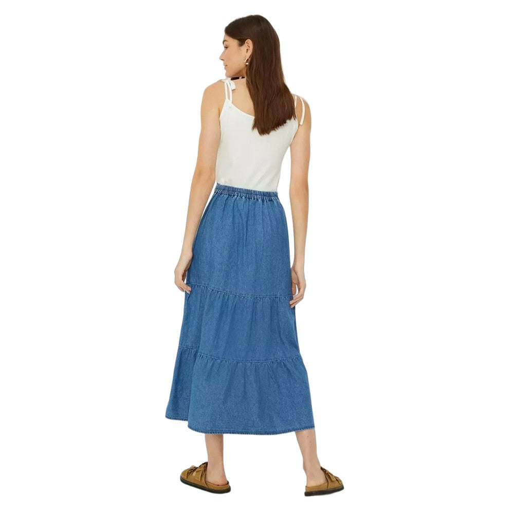Mid Wash - Back - Dorothy Perkins Womens-Ladies Tiered Denim Midi Skirt