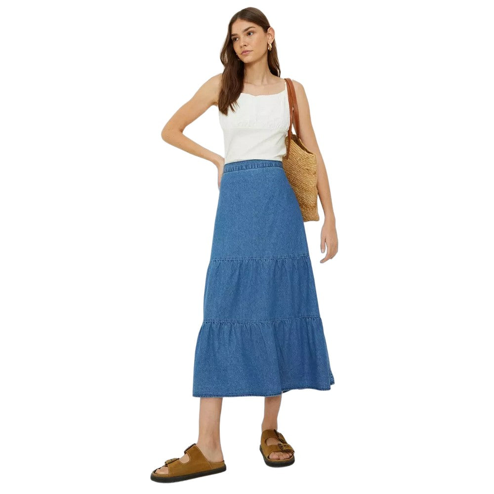 Mid Wash - Side - Dorothy Perkins Womens-Ladies Tiered Denim Midi Skirt