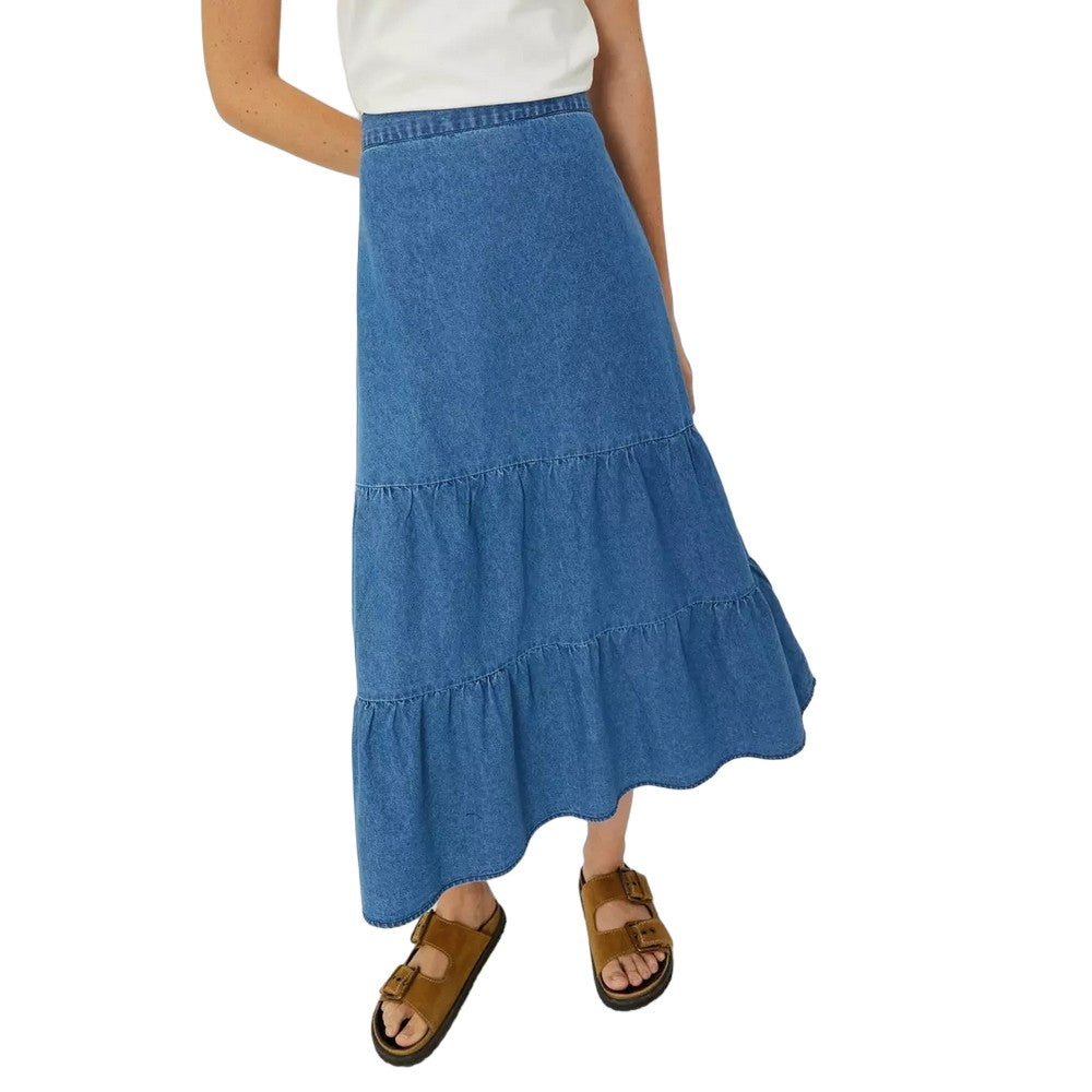 Mid Wash - Front - Dorothy Perkins Womens-Ladies Tiered Denim Midi Skirt