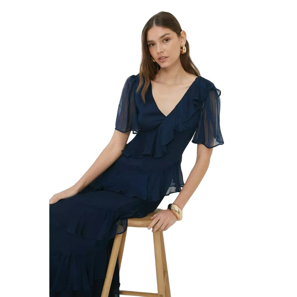 Navy - Side - Dorothy Perkins Womens-Ladies Chiffon Frill Midi Dress