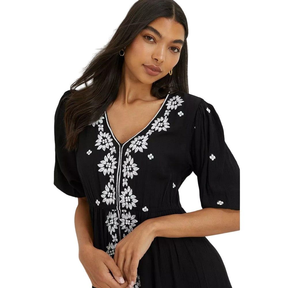 Black - Side - Dorothy Perkins Womens-Ladies Embroidered V Neck Midi Dress