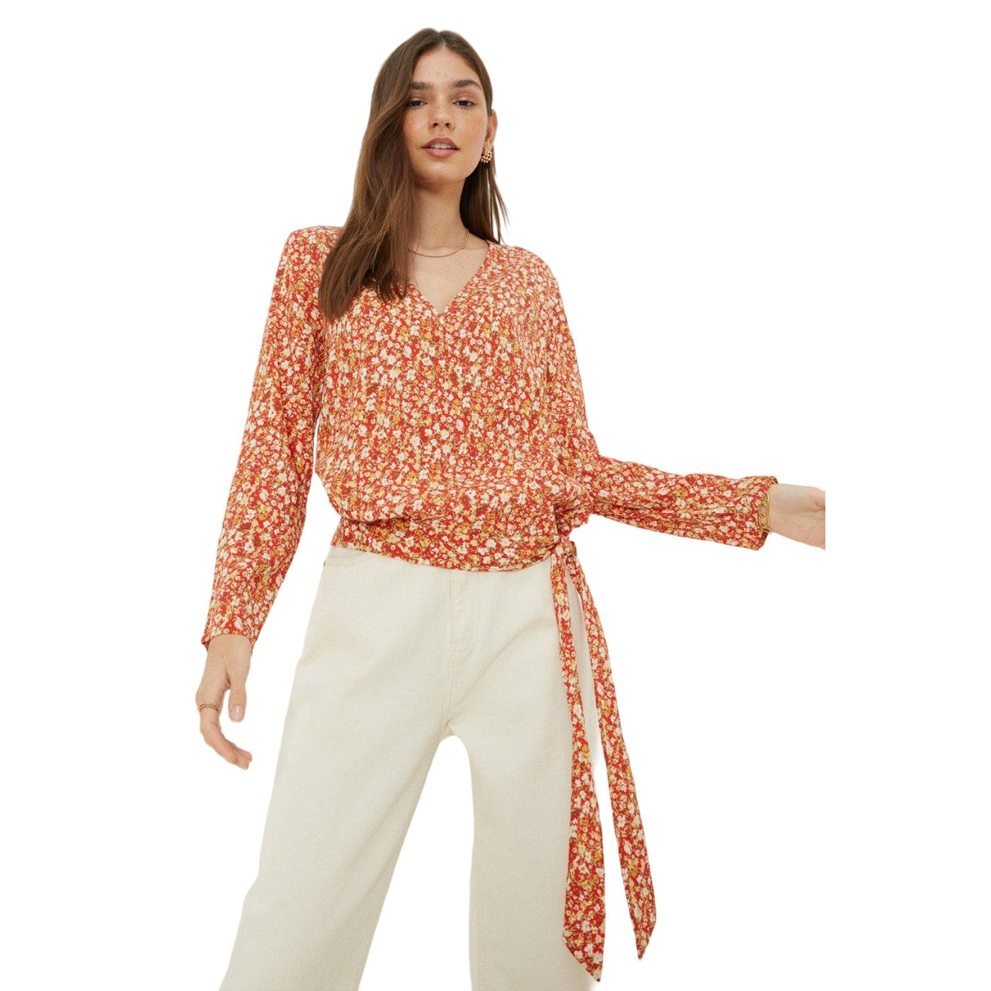 Red - Front - Dorothy Perkins Womens-Ladies Floral Wrap Long-Sleeved Blouse
